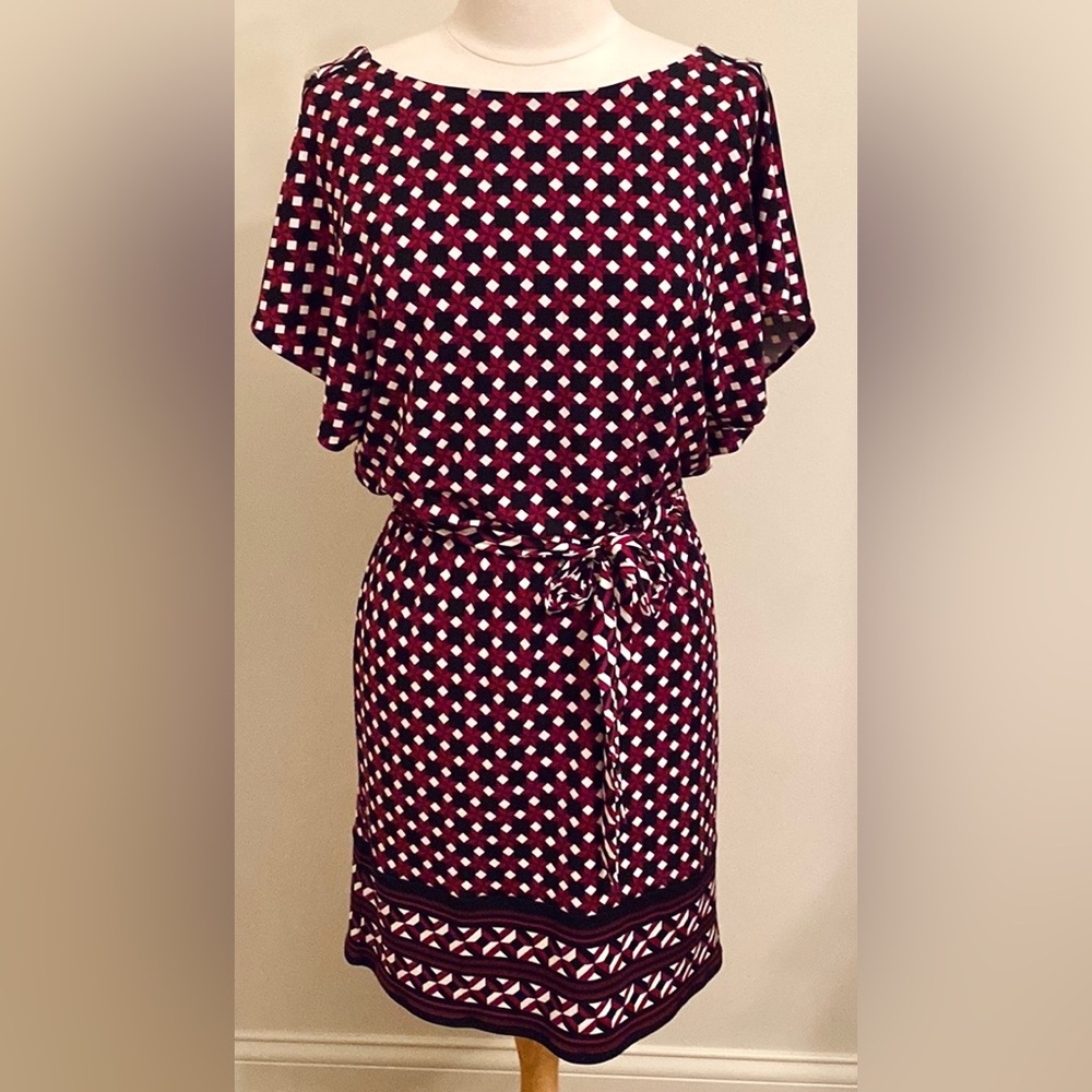 White House Black Market Black Purple White Diamond Print Dolman Sleeve Dress S